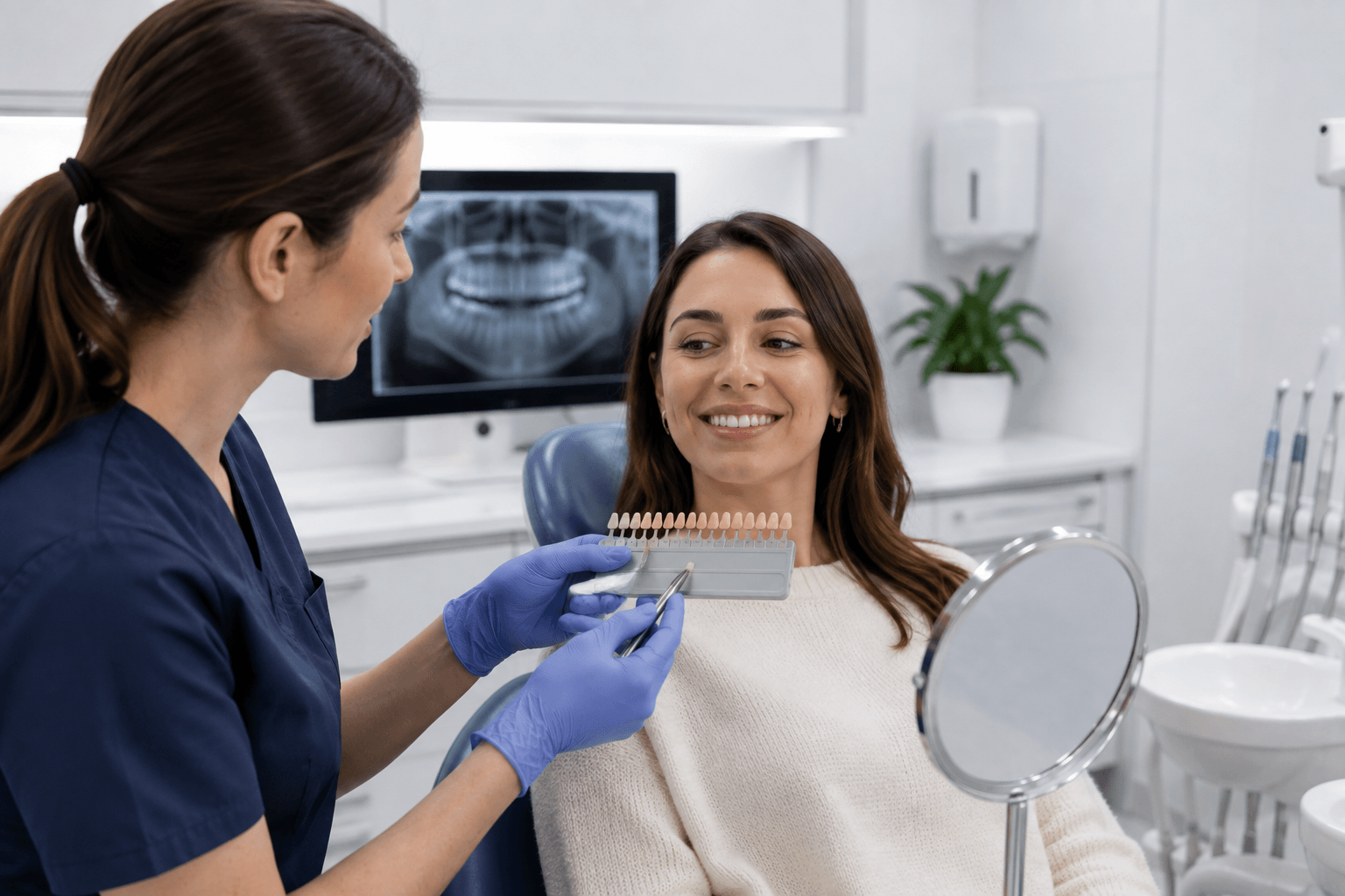 Teeth whitening pre-treatment consultation showing dentist with patient using shade guide for color assessment